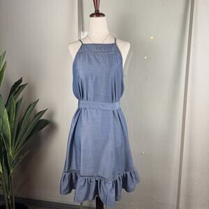 Ann Taylor Chambray Halter Dress Blue Tie Waist Square Neck Size 2 Sundress